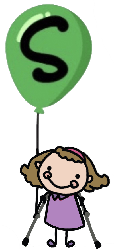 Part of the Smile Therapy for Kids Logo showing a cartoon girl in a purple dress on crutches holding a green balloon with the letter S
