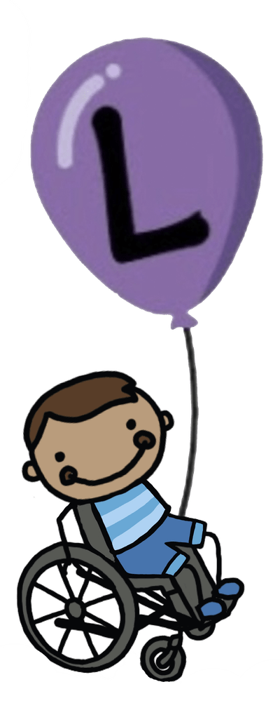 Part of the Smile Therapy for Kids Logo showing a cartoon boy in a wheel chair holding a purple balloon with the letter L