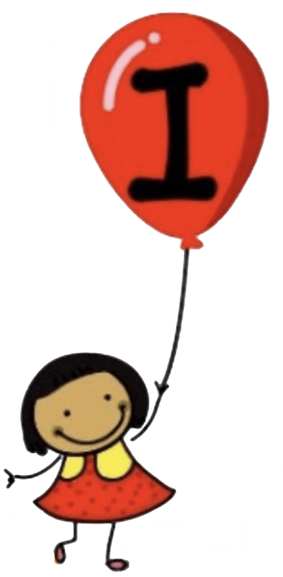 Part of the Smile Therapy for Kids Logo showing a cartoon girl in a red dress holding a red balloon with the letter I