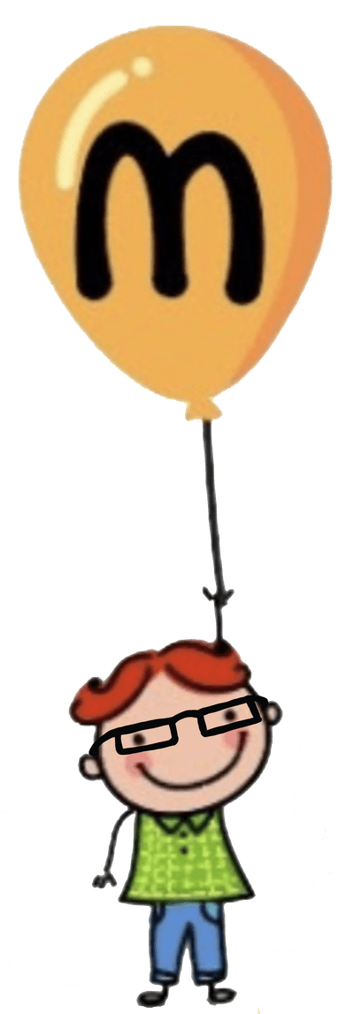 Part of the Smile Therapy for Kids Logo showing a cartoon boy with glasses holding a yellow balloon with the letter M